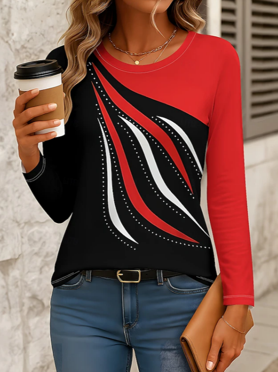 Women's Long Sleeve T-shirt Spring/Fall Red Abstract Printing Jersey Crew Neck Daily Going Out Casual Top