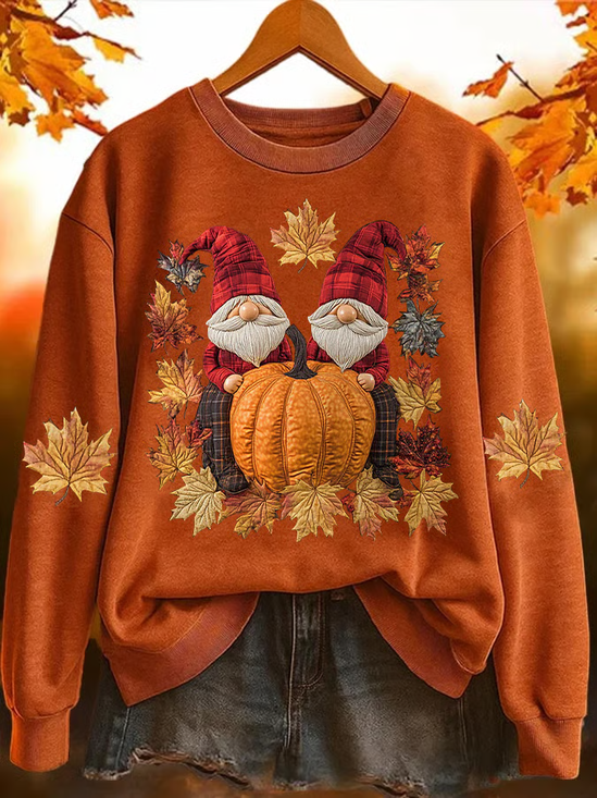 Women'S Gnome Autumn Pumpkin Print Sweatshirt
