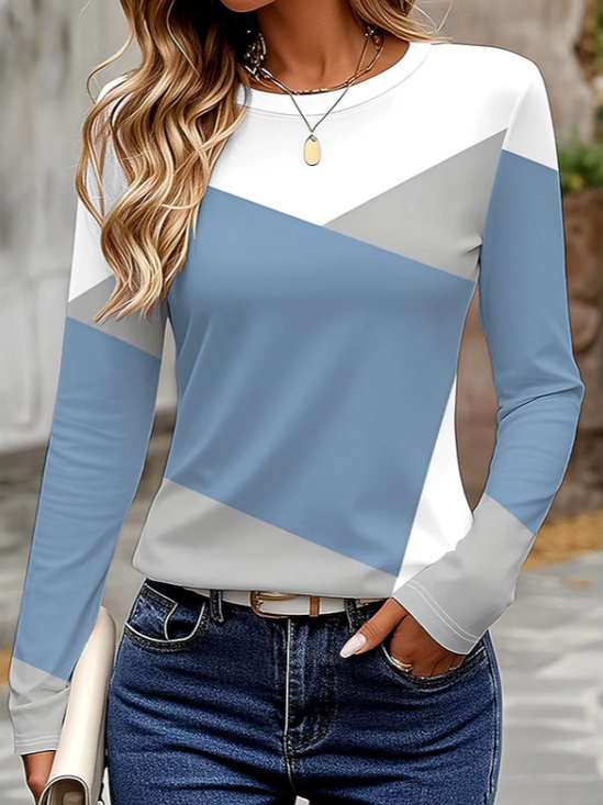 Women's Long Sleeve T-shirt Spring/Fall Blue Abstract Printing Jersey Crew Neck Daily Going Out Casual Top