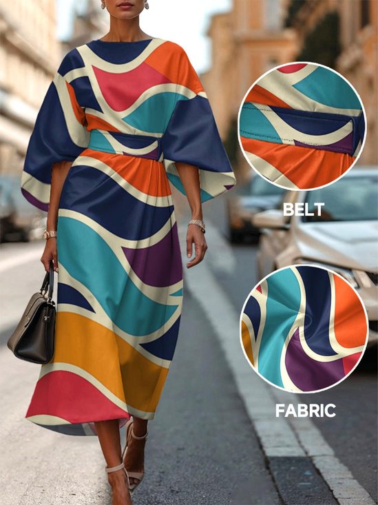 Dolman Sleeve Regular Fit Street Crew Neck Geometric Dress With Belt