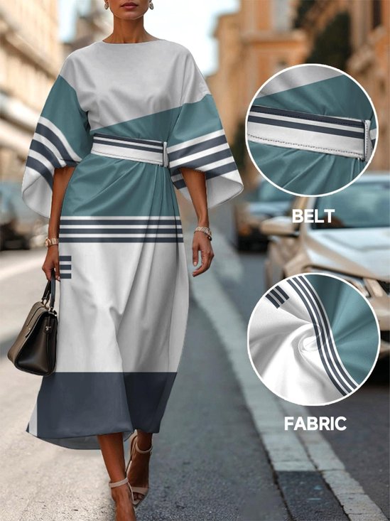 Dolman Sleeve Multicolor Block Regular Fit Vintage Crew Neck Dress With Belt