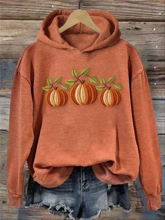 Women's Halloween Pumpkin Print Casual Hooded Long-Sleeved Sweatshirt