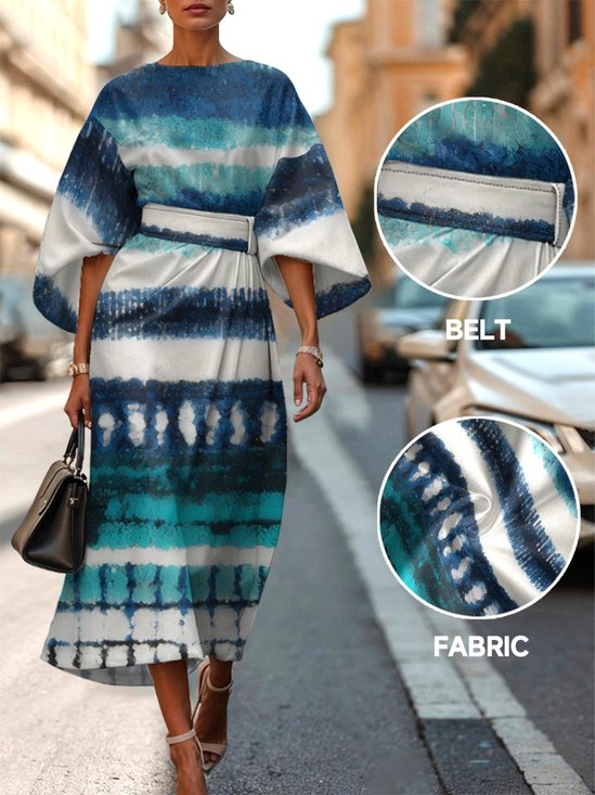 Geometric Street Crew Neck Regular Fit Dolman Sleeve Dress With Belt