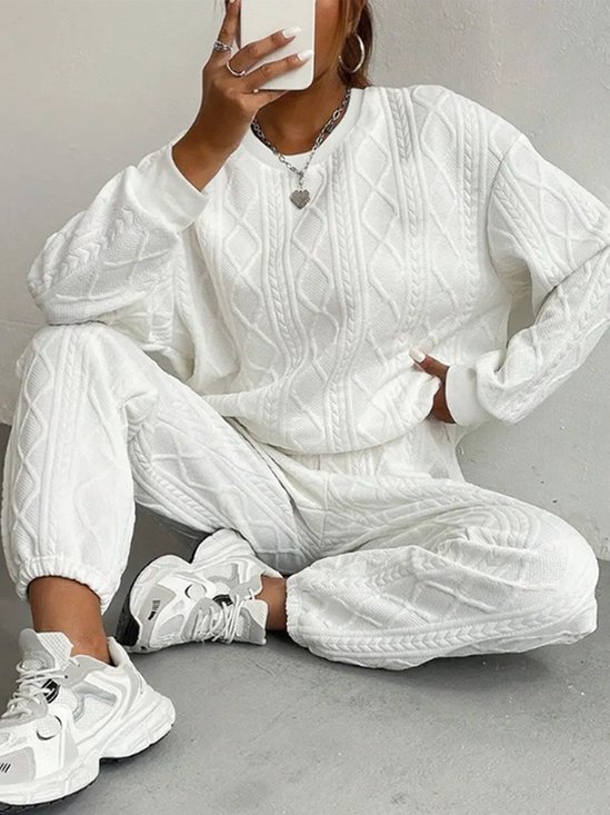 Women's Autumn And Winter Fashion Ribbed Jacquard Trousers Casual Two-Piece Sweatshirt Trousers