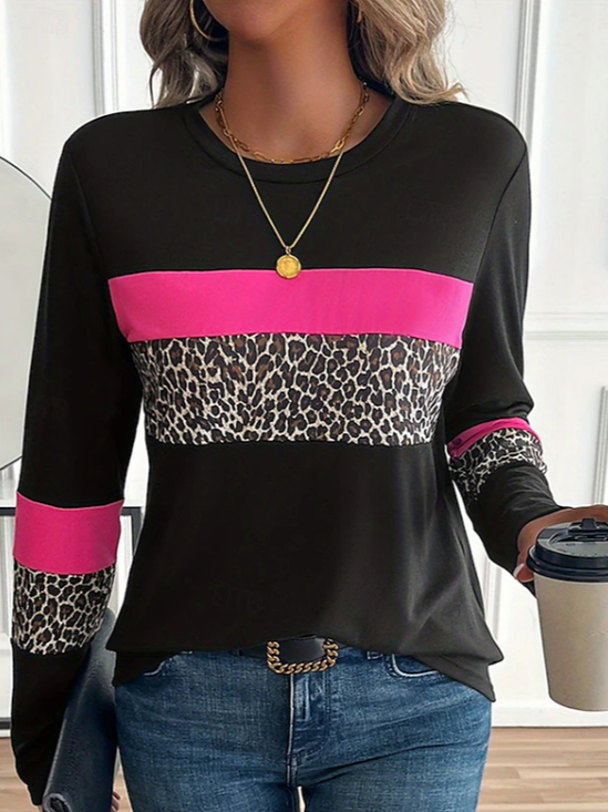 Women's Long Sleeve T-shirt Spring/Fall Black Leopard Printing Jersey Crew Neck Daily Going Out Casual Top