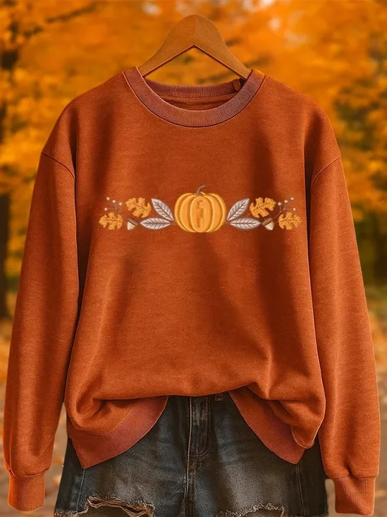 Women's Halloween Pumpkin Maple Leaf Print Casual Crew Neck Long Sleeve Sweatshirt