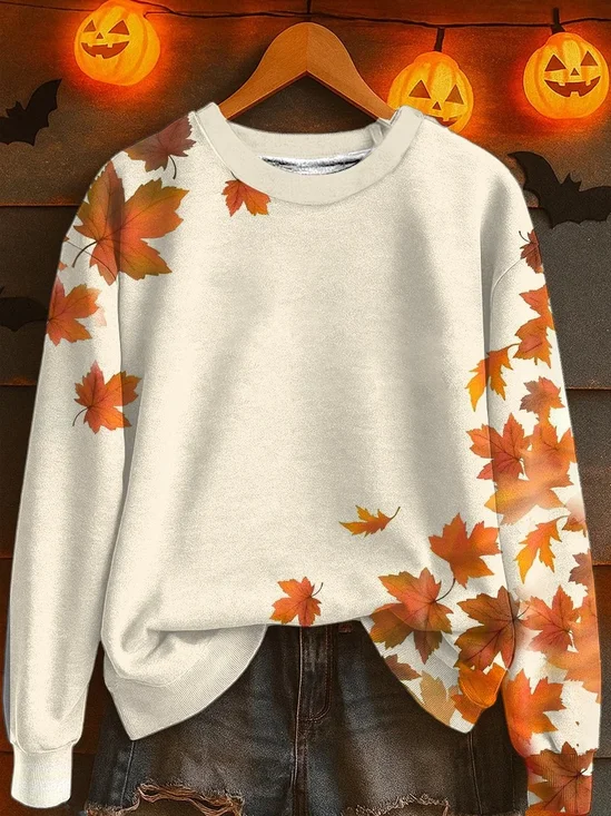 Women's Halloween Maple Leaf Print Casual Crew Neck Long Sleeve Sweatshirt