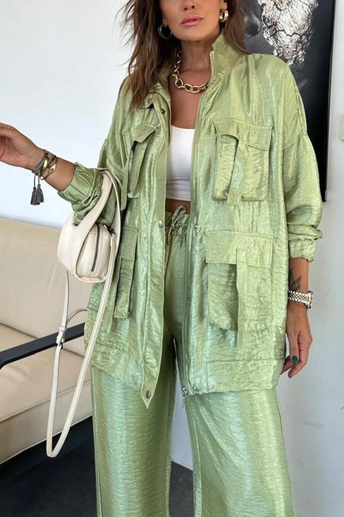 Women's Solid Color Fashion Two-Piece Suit With Three-Dimensional Pockets Fashion Loose Long-Sleeved Suit