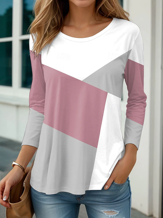 Women's Long Sleeve T-shirt Spring/Fall Pink Abstract Printing Jersey Crew Neck Daily Going Out Casual Top