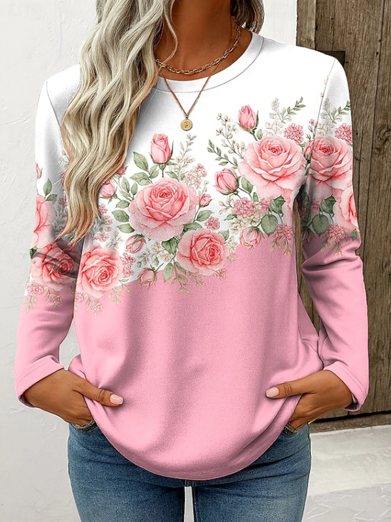 Women's Long Sleeve T-shirt Spring/Fall Pink Floral Printing Jersey Crew Neck Daily Going Out Casual Top