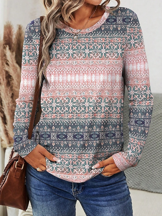 Women's Long Sleeve T-shirt Spring/Fall Pink Ethnic Printing Jersey Crew Neck Daily Going Out Casual Top