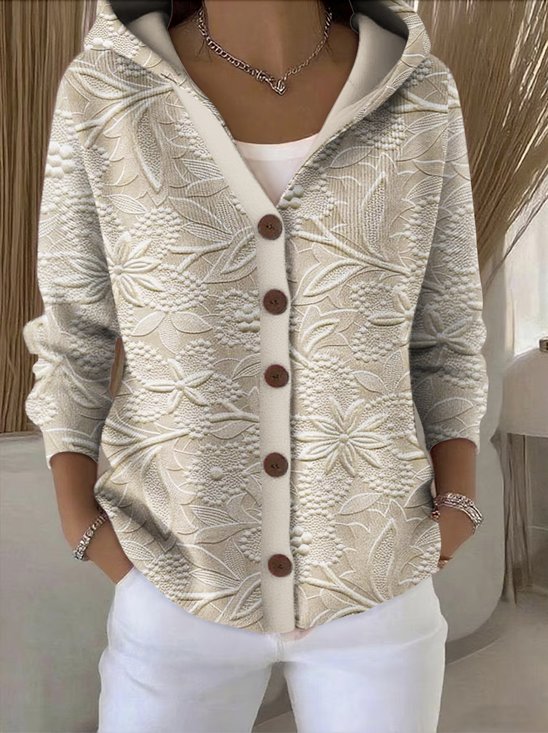 Women Casual Floral Hoodie Long Sleeve Cardigan