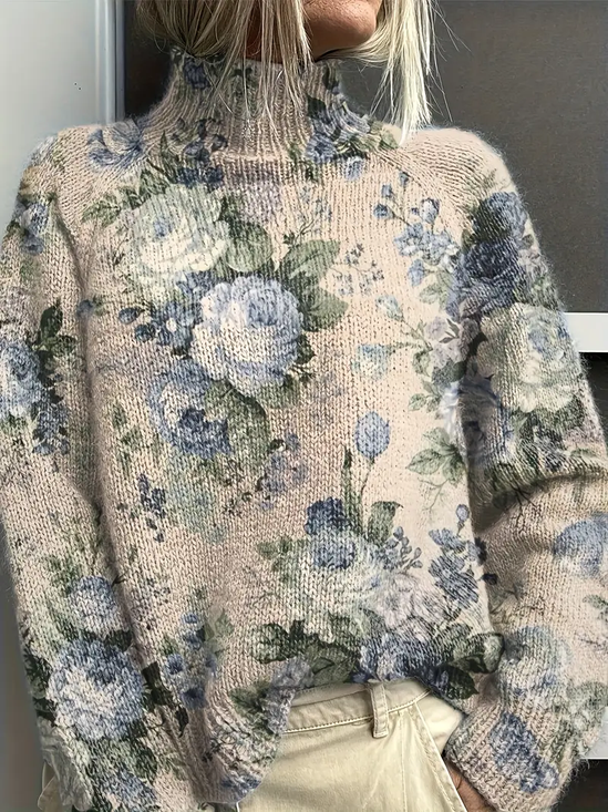 Women's Floral Print Casual Turtleneck Long Sleeve Sweater