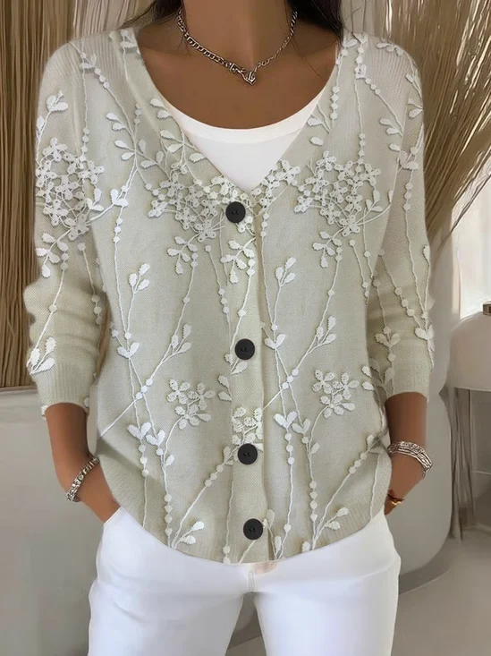 Women's Floral Print Casual Long Sleeve V-Neck Knitted Button Cardigan