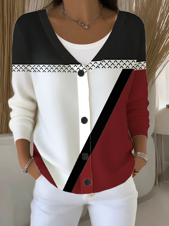 Women's Abstract Print Casual Long Sleeve V-Neck Knit Button Cardigan