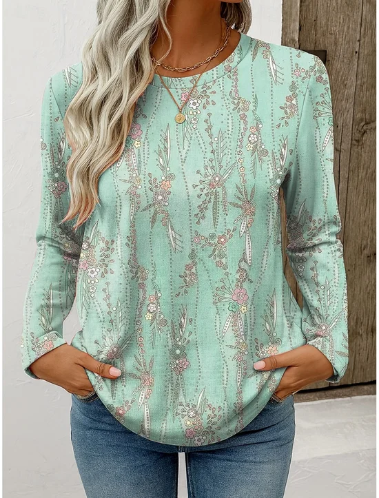 Women's T Shirt Floral Graphic Plants Vintage Stylish Classic Long Sleeve Crew Neck Regular Tops