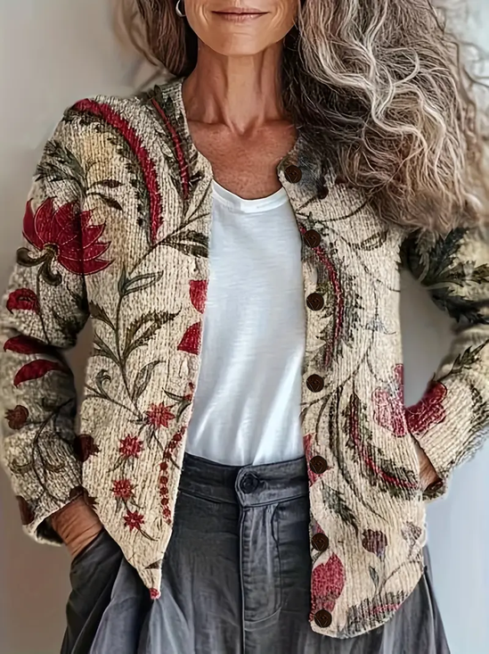 Crew Neck Vintage Printing Cardigan