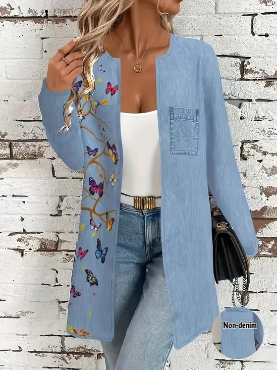 Faux Denim Print Graphic Vintage Jacket