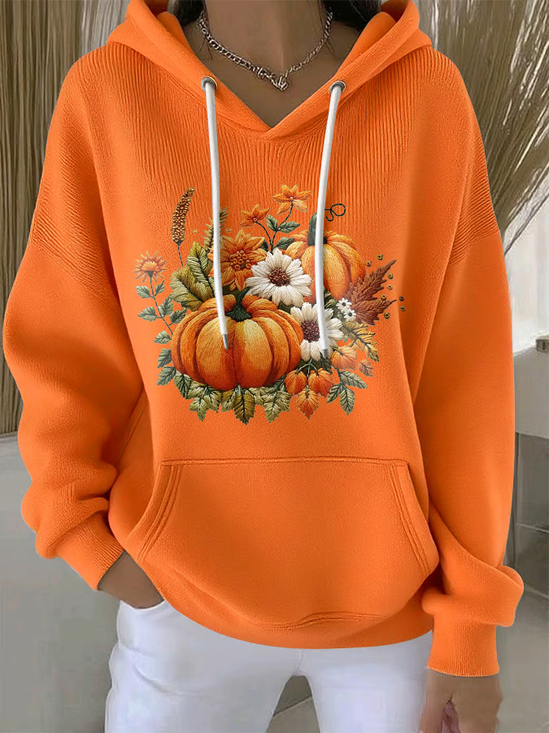 Women's Halloween Autumn Floral Pumpkin Long Sleeve Hooded Sweatshirt