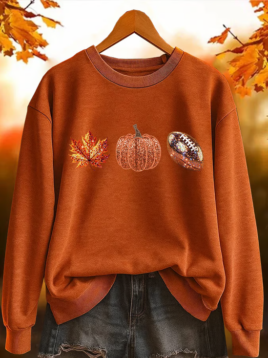 Women's Halloween Autumn Maple Leaf Pumpkin Round Neck Long Sleeve Sweatshirt