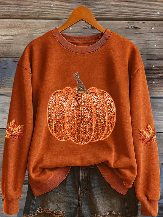 Women's Halloween Autumn Maple Leaf Pumpkin Round Neck Long Sleeve Sweatshirt