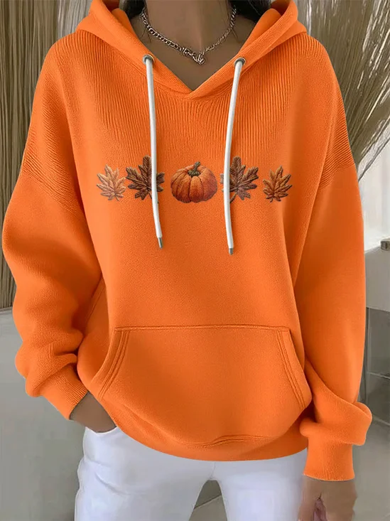 Women's Halloween Autumn Maple Leaf Pumpkin Long Sleeve Hooded Sweatshirt