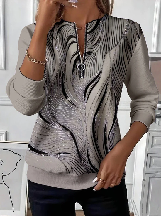Women's Abstract Print Casual Zipper Long Sleeve Sweatshirt