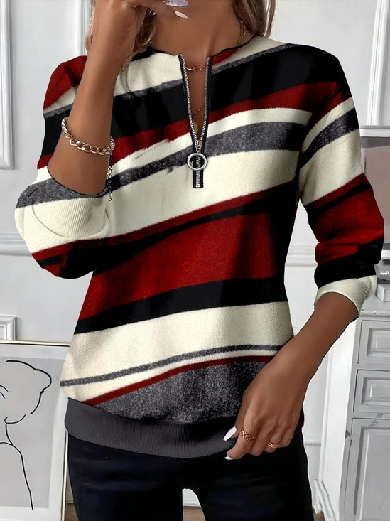 Zipper Loose Crew Neck Casual Sweatshirt