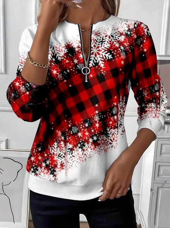 Women's Christmas Print Casual Zipper Long Sleeve Sweatshirt