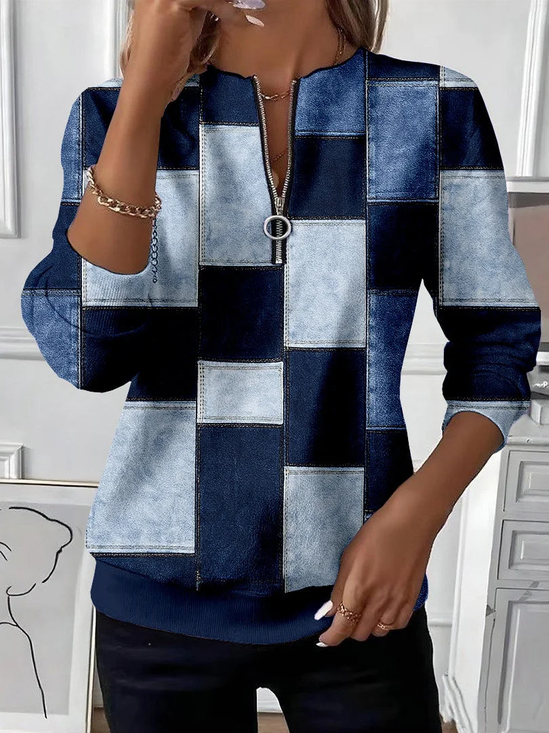 Women's Plaid Print Casual Zipper Long Sleeve Sweatshirt