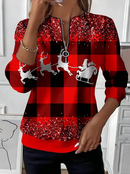 Women's Christmas Print Casual Zipper Long Sleeve Sweatshirt