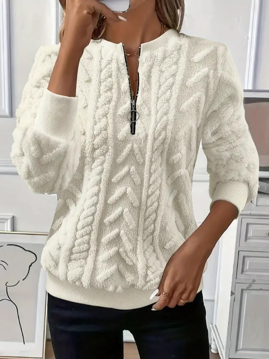 Plain Faux Fur Simple Crew Neck Sweatshirt