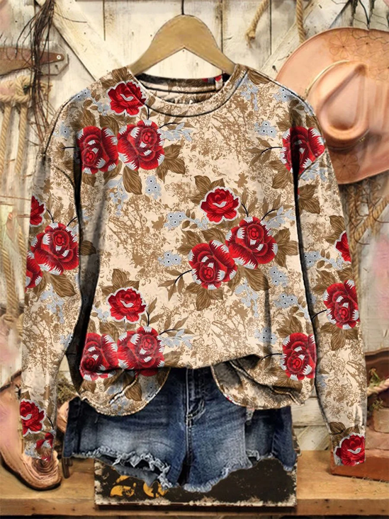 Floral Crew Neck Casual Sweatshirt