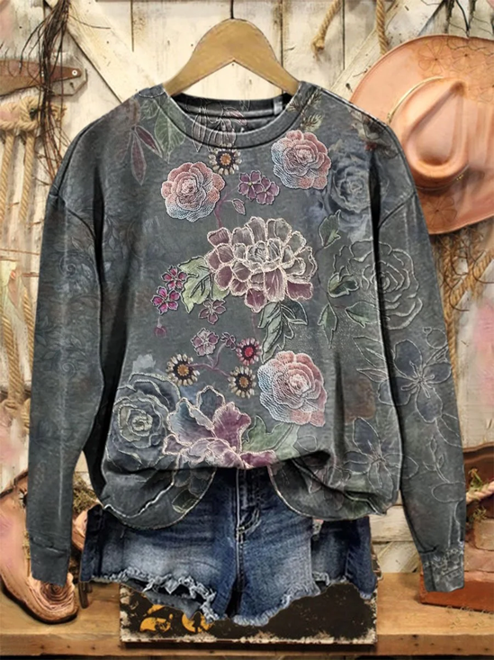 Casual Loose Floral Crew Neck Sweatshirt