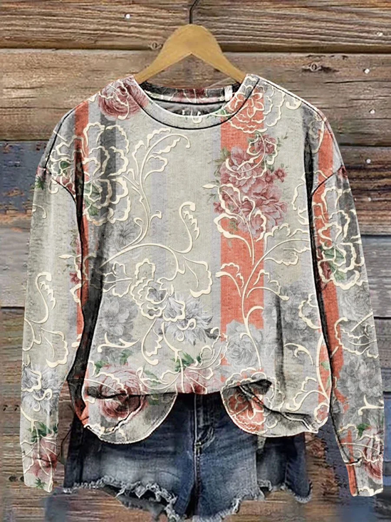 Floral Casual Crew Neck Loose Sweatshirt
