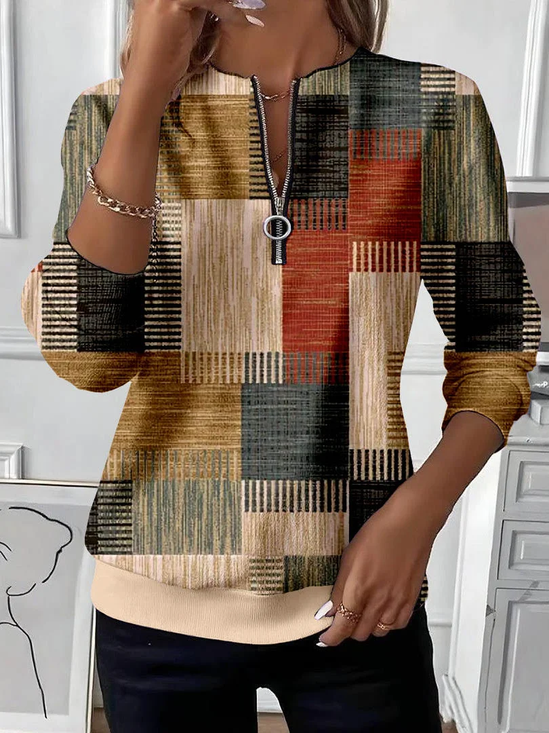Women's Abstract Print Casual Long Sleeve Zipper Sweatshirt