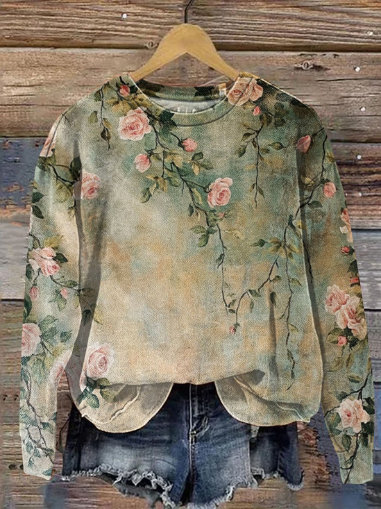 Women's Floral Print Casual Crew Neck Long Sleeve Sweatshirt