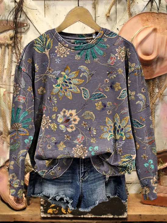 Casual Floral Crew Neck Printing Sweatshirt