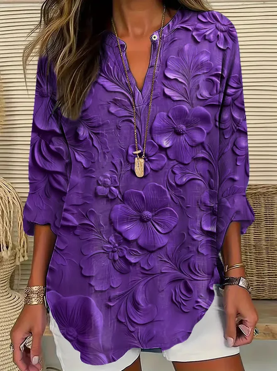 Women's Long Sleeve Blouse Spring/Fall Purple Floral Printing Cotton-Blend V Neck Daily Going Out Casual Top