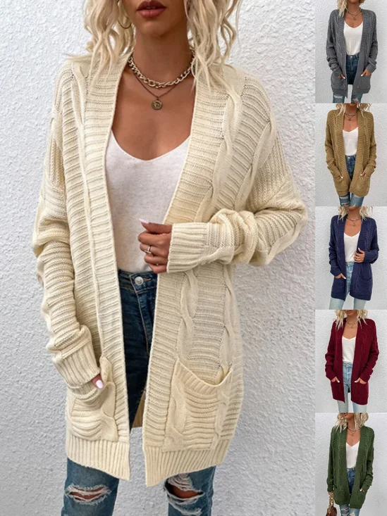 Vintage Split Joint Cable Knit Jacquard Cardigan Sweater Mid-Length Twisted Cord Cardigan