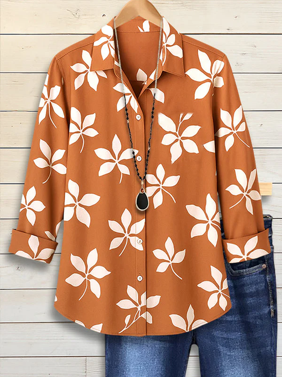 Women's Long Sleeve Shirt Spring/Fall Yellow Brown Floral Buckle Shirt Collar Regular Sleeve Daily Going Out Casual Top