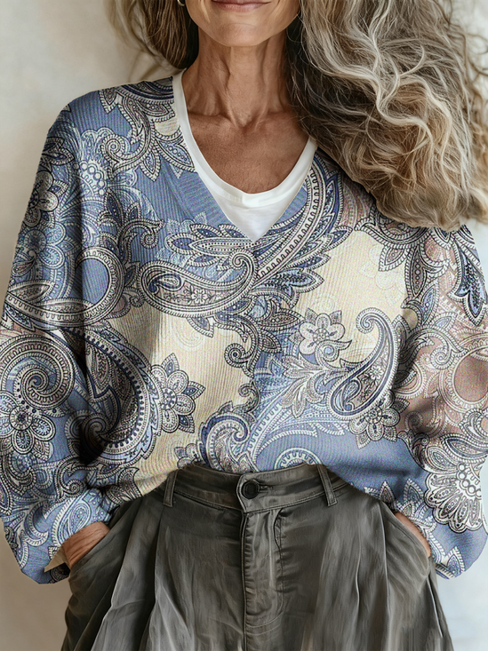 Cashew Flowers V Neck Vintage Sweater