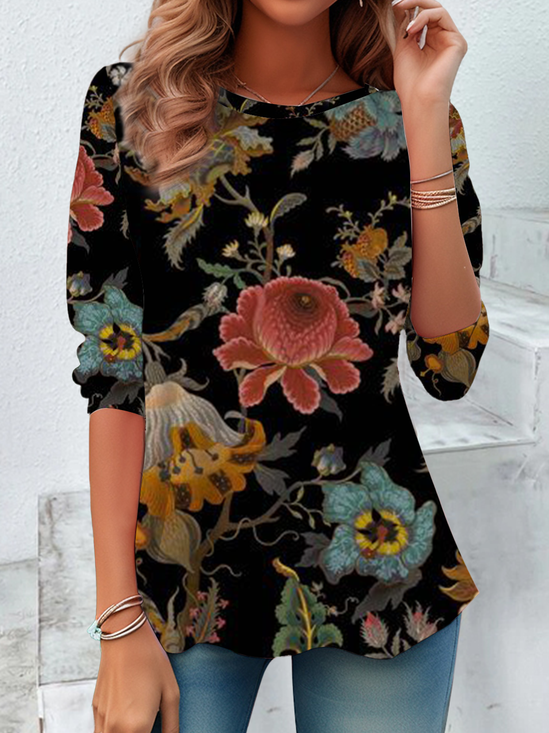 Women's Long Sleeve T-shirt Spring/Fall Black Floral Jersey Crew Neck Daily Going Out Casual Top
