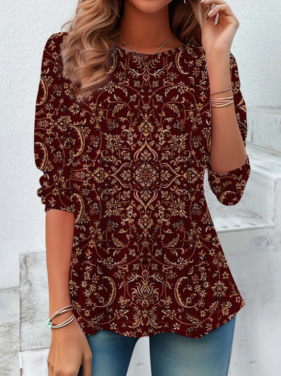 Women's Long Sleeve T-shirt Spring/Fall Crimson Floral Jersey Crew Neck Daily Going Out Casual Top
