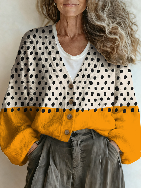 Casual V Neck Loose Multicolor Block Cardigan
