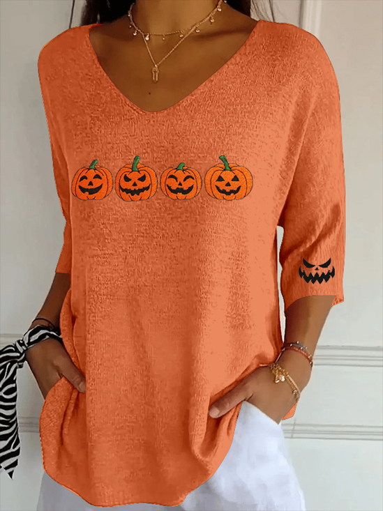 Women's Three Quarter Sleeve T-shirt Spring/Fall Orange Halloween (pumpkin) Printing V Neck Daily Going Out Casual Top