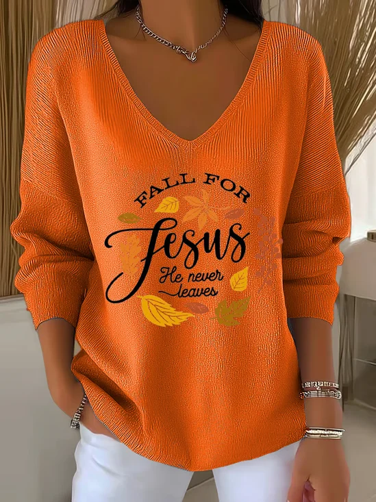 Women's Long Sleeve T-shirt Spring/Fall Orange Maple Leaf Printing V Neck Daily Going Out Casual Top