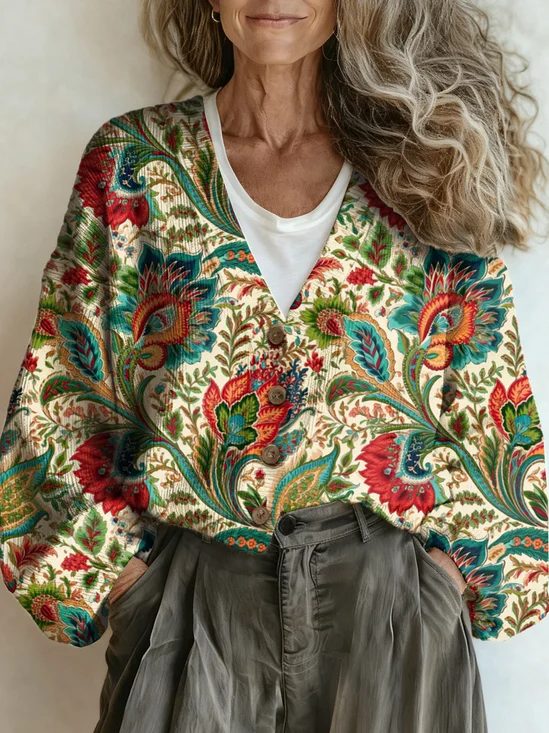 Casual Loose V Neck Floral Cardigan