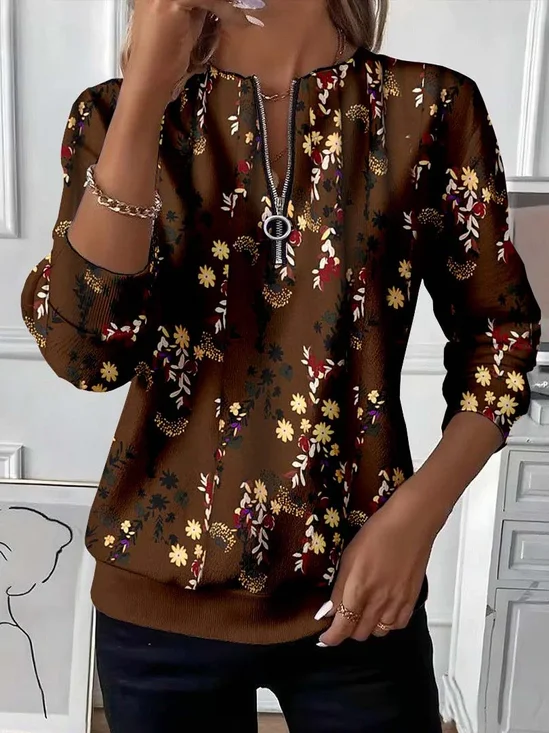 Women's Floral Print Casual Zipper Neck Long Sleeve Sweatshirt