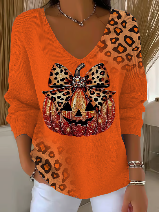 Women's Long Sleeve T-shirt Spring/Fall Orange Halloween (pumpkin) Printing V Neck Daily Going Out Casual Top